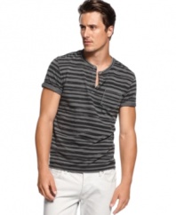 Slight distressing adds a vintage appeal to your t-shirt style with this striped henley from INC International Concepts.