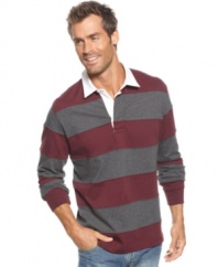 Block party! Get ready for going out and about in this stylish color-blocked rugby shirt from Club Room.
