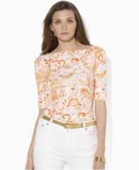 A chic boat neckline and bright batik print impart breezy, casual style to Lauren by Ralph Lauren's classic cotton jersey tee.
