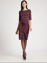 Soft, fluid jersey in a vibrant paisley-inspired print, tailored with an artfully draped tuck detail.BoatneckThree-quarter sleevesTucked front detailAbout 32 from natural waist85% viscose/8% elastane/7% cashmereDry cleanMade in ItalyModel shown is 5'11 (180cm) wearing US size 4. 
