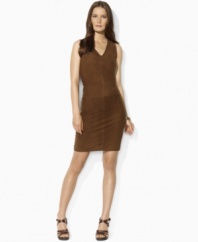 Lauren by Ralph Lauren's classic sheath dress silhouette is updated for the season with a supple suede front and a soft merino wool back.