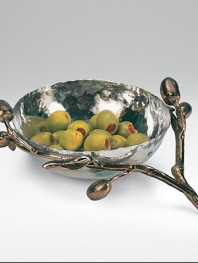 Extend this gorgeously hammered dish, adorned with an olive-studded branch to your guests. From the Olive branch Collection3¼H x 7¾W x 8LStainless steel Hand washHandmade in India