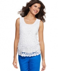 Punctuate vibrant pants with this crochet top from Jones New York Signature. It adds lightweight texture and handcrafted appeal to summer ensembles!