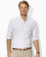 A masculine mix of pastel lines lends preppy style to a classic-fitting sport shirt, rendered in plaid oxford-woven cotton for stylish comfort.