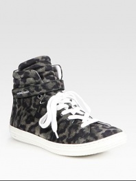Sporty, suede high top sneaker updated by a leopard print, Velcro® strap and lace-up front. Rubber platform, 1 (25mm)Leopard-print suede upperLeather liningRubber solePadded insoleMade in PortugalOUR FIT MODEL RECOMMENDS ordering true whole size; ½ sizes should order the next whole size down. 