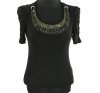 INC International Concepts Petite Beaded Neck Top Small Black W/Gromits