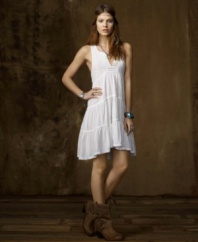 A flirty split neckline and delicate lace trim seem oh-so-sweet, but the ultra-soft slub jersey construction of this tiered racerback dress makes it the perfect backdrop for edgier fare, from Denim & Supply Ralph Lauren.