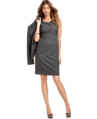 Anne Klein's pinstriped sheath dress is a weekday-wardrobe essential made stylish with tailored touches like a seamed waistband. Wear solo or effortlessly coordinate with a jacket from the same collection of suit separates.