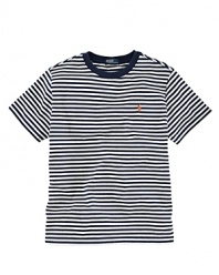 Slim stripes adorn an airy short-sleeved cotton jersey crewneck tee for a bold, preppy look.