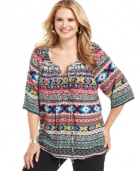 Add global flavor to your causal wear with Elementz' three-quarter sleeve plus size tunic top-- its vibrant print is a must-have this season!