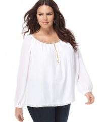 Add an elegant touch to your weekend look with MICHAEL Michael Kors' long sleeve plus size peasant top, accented by a beaded neckline.