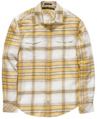Send the right message. Texture your look with this puckered plaid shirt from Sean John.