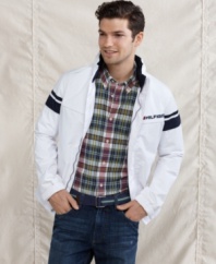 Summer breeze a little too much? Layer up with this nautical-inspired windbreaker from Tommy Hilfiger.