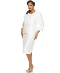 Shimmering shantung makes this plus size skirt suit by Kasper look luxe, while seamed details add a tailored look. A band of fabric flowers at the neck is a pretty finishing touch.