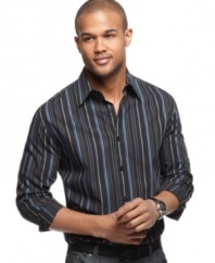 High stakes. You can bet on having a good time in this stylish, comfortable striped shirt from Alfani.