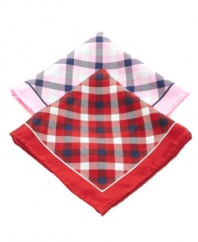 Add a pop of color to brighten up your boardroom look with this pocket square from Club Room.