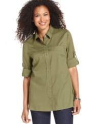 Kick back in Karen Scott's breezy button-down shirt. It works for summer with the sleeves rolled up and with a cardigan for crisper days!