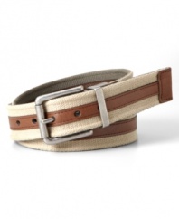 Update your casual look with this canvas and leather belt from Fossil.