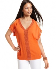 INC's split-sleeve top is radiant with a sun-kissed hue and shimmering beaded detail. Team with skinny white jeans for a gorgeous weekend ensemble!