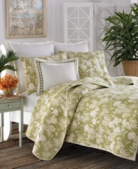 Tommy Bahama offers a daily escape in the soft and straight-from-the-tropics Plantation Floral quilt. Pure cotton sateen is covered front and back with lush island greenery and bound with coordinating ivory trim.