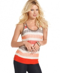Stock-up on warm-weather knits! Featuring a succession of thick and colorful stripes, this tank style from GUESS? adds texture to your jeans and cami ensemble.