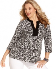Take your style to the wild side with Charter Club's three-quarter sleeve plus size top, featuring an animal print.