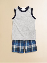 Crafted in plush cotton, this handsome man's little set is mad for plaid shorts and topped with a contrasting trimmed knit.CrewneckSleevelessPullover styleElastic waistCottonMachine washMade in USA