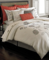 Collecting inspiration from Victorian-era textiles, the Etched Peony design from Martha Stewart Collection features inked illustrations of florals in stimulating color. A refreshing red perks up these graceful blossoms in rich, embroidered accents. Ivory and black linear stitching and piping enliven the set with contemporary flair. (Clearance)