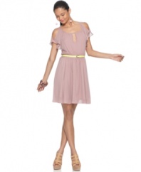 A fluttery, feminine Bar III dress get's a pop of bright with a neon skinny belt -- perfect for adding unexpected edge! Wear it with embellished flats or wedges for a spring day-to-night look!
