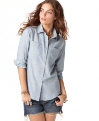 In chambray for fall, this Free People blouse features a crochet back that is oh-so-chic!