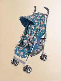 This flower-covered everyday stroller folds easily and compactly while offering superb comfort for babies 3 months and older.Folds in a flashWeighs about 12 poundsFour-position reclineRemovable, washable padded seatHandy mesh shopping basketExtendable leg restHandy under-seat storage basketReinforced chassisFive-point safety harnessLinked brakesAccommodates children 3 months and older