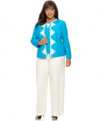 A bright turquoise jacket and top look brilliant with a contrasting applique trim and chic white pants, from Kasper's plus size suit collection.