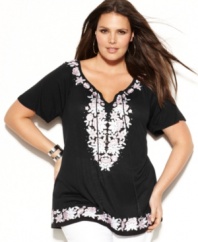 Prettify your casual style with INC's short sleeve plus size peasant top, highlighted by embellished embroidery.