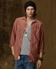 Faded and frayed cotton chambray gives this rugged workshirt a laid-back vibe -- ideal for modern layered looks.