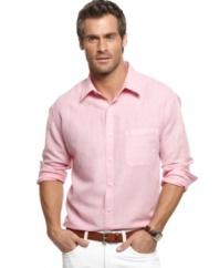 You'll be known for making solid style decisions in this comfortable textured shirt from Tasso Elba.