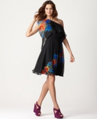 A sheer, floral-printed overlay helps create a magical silhouette for this one-shoulder M60 Miss Sixty dress.