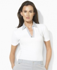 An iconic polo shirt is redefined for an active lifestyle in the essential short-sleeved look from Lauren by Ralph Lauren, rendered in breathable stretch cotton jersey with a pincord-trimmed split neckline for stylish comfort.