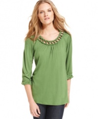 Macrame trim adds a fashionable flair to otherwise classic Alfani top -- perfect for simple summer style!