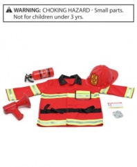 Here is everything your fire fighter needs in an emergency: a bright red, machine-washable jacket trimmed with reflective material, a fire chief helmet, a fire extinguisher, a bullhorn with sound effects, a shiny badge and a name tag for personalizing.