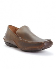 This sexy leather loafer blends moccasin looks with the clean lines of a dressier loafer. Contrast stitching at seams. Fully leather lined. Rubber outsole. Imported.
