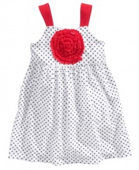 She'll be spotted looking darling in this breezy, dotted sundress from Flapdoodles, with a fun rouge applique for her to show off.