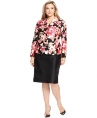 Brighten your wardrobe with this plus size shantung suit from Le Suit, featuring a floral-print jacket a solid, flattering skirt.