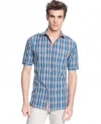 Redefine your weekend wardrobe with this cool plaid shirt from Alfani RED.