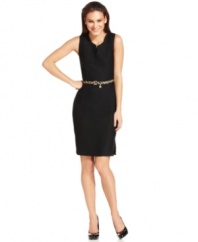 Calvin Klein gives a classic tweed sheath a touch of leopard luxe with a sleek removable belt. A split neckline and side slit at the hem have a flattering effect on the silhouette.