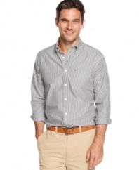 Go vertical with your business style with this striped woven shirt from Tommy Hilfiger.