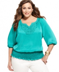 Get polished casual style with Alfani's three-quarter sleeve plus size peasant top, adorned by crochet trim.