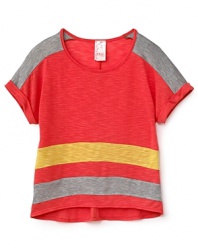 Bold colorblocking, dolman sleeves and a boxy silhouette give this adorable tee from Kiddo on-trend cred.
