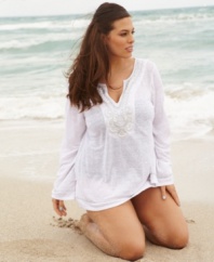 An embellished neckline beautifully finishes INC's long sleeve plus size top-- complete the look with your favorite casual bottoms.