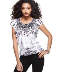 Ruffles and tonal embroidery update One World's romantic top. The lace inset in the back adds sultry appeal!