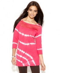 INC adds an alluring touch to a tie dyed petite tunic: the front yoke is sheer for just a hint of skin!